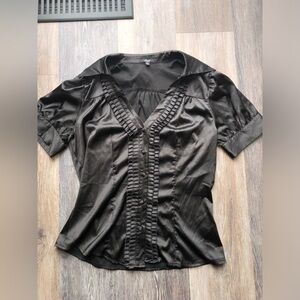 Y2K Satin Elegant Black Blouse Size Large Short Sleeve